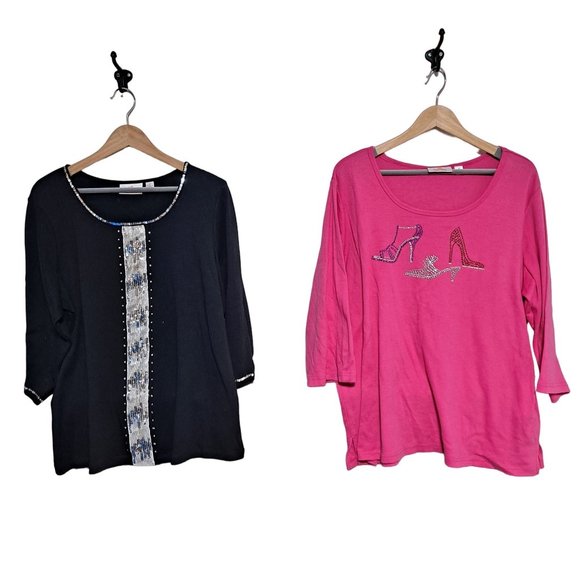 Quacker Factory 2pc Top Women Size Extra Large Short Sleeve Heels Rhinestones - Picture 1 of 14